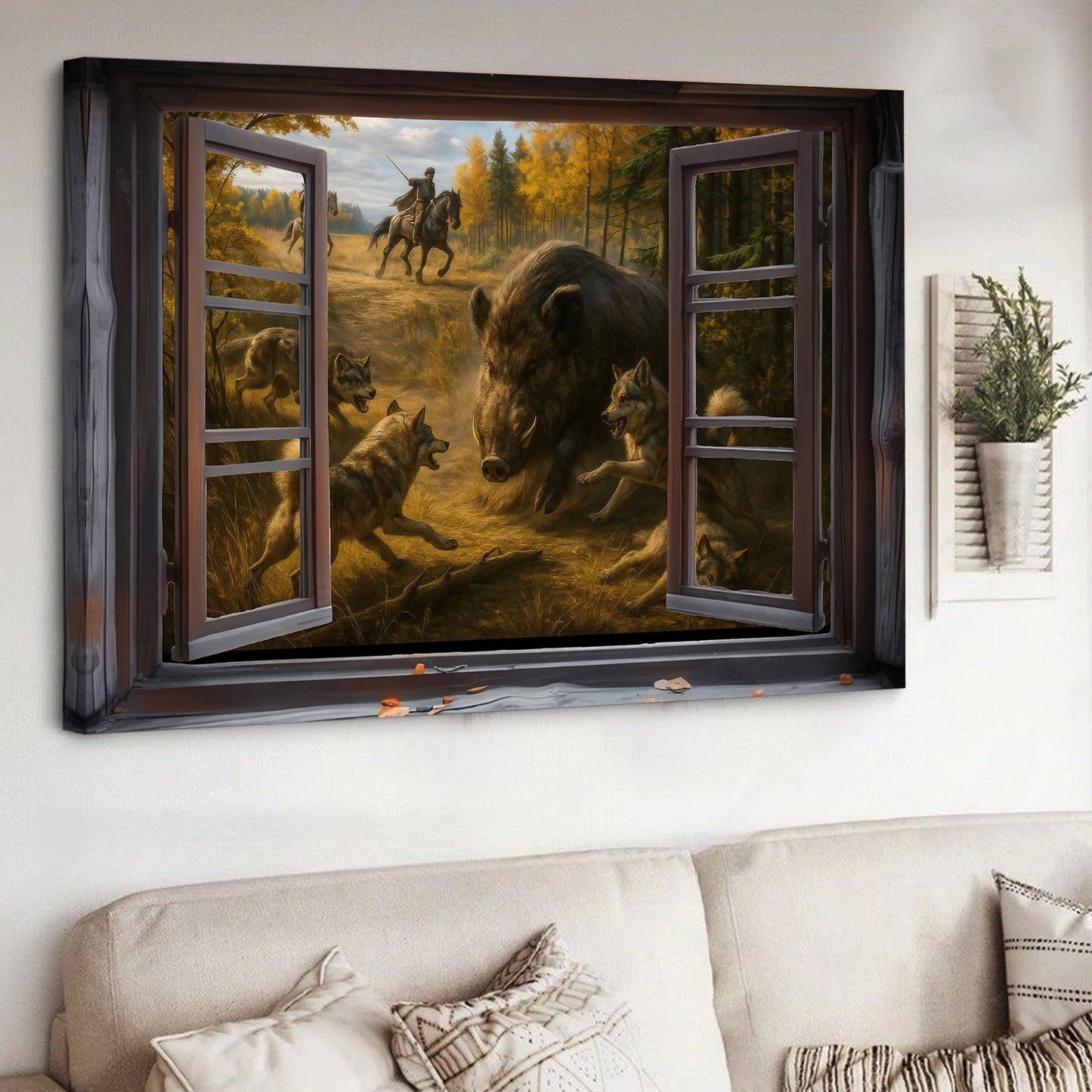 Epic Wild Boar Hunting Scene Wall Art - Wolves & Hunters 3D Canvas for Cabin & Lodge Decor