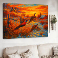 Flying Pheasants Sunset Canvas Wall Art – Rustic Hunting Cabin Decor for Nature Lovers