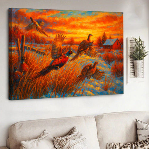Flying Pheasants Sunset Canvas Wall Art – Rustic Hunting Cabin Decor for Nature Lovers