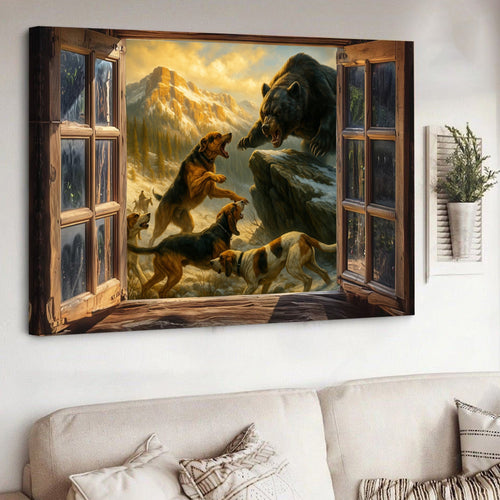 Epic Bear vs Hunting Dogs Wall Art Canvas – Western Mountain Wildlife Battle Painting for Hunters’ Cabin