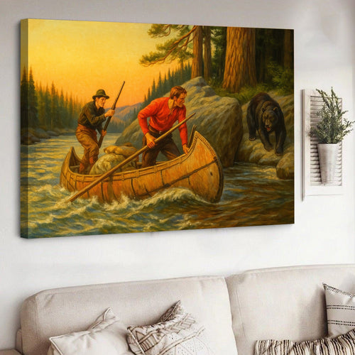 Vintage Canoe Adventure Canvas Wall Art – Retro Wilderness Painting with Hunters and Bear Scene