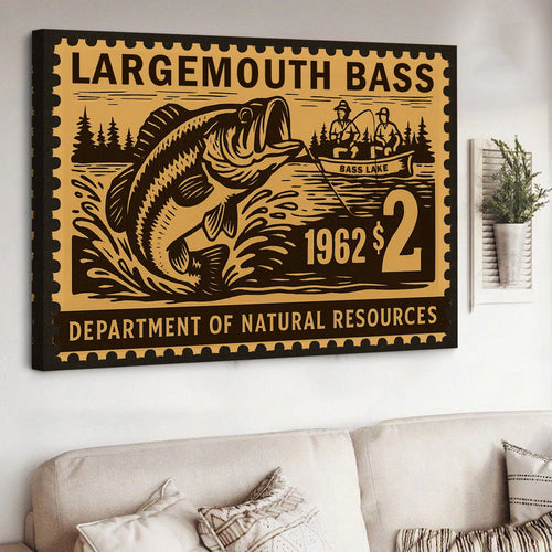 Vintage Largemouth Bass Fishing Stamp Canvas – Retro 1962 Wall Art for Cabin & Man Cave