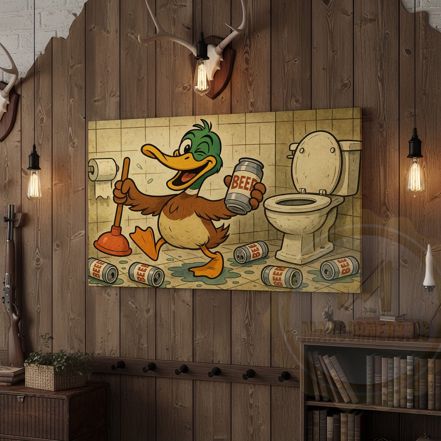 Duck Cartoon with Beer Cans in Bathroom Wrapped Canvas