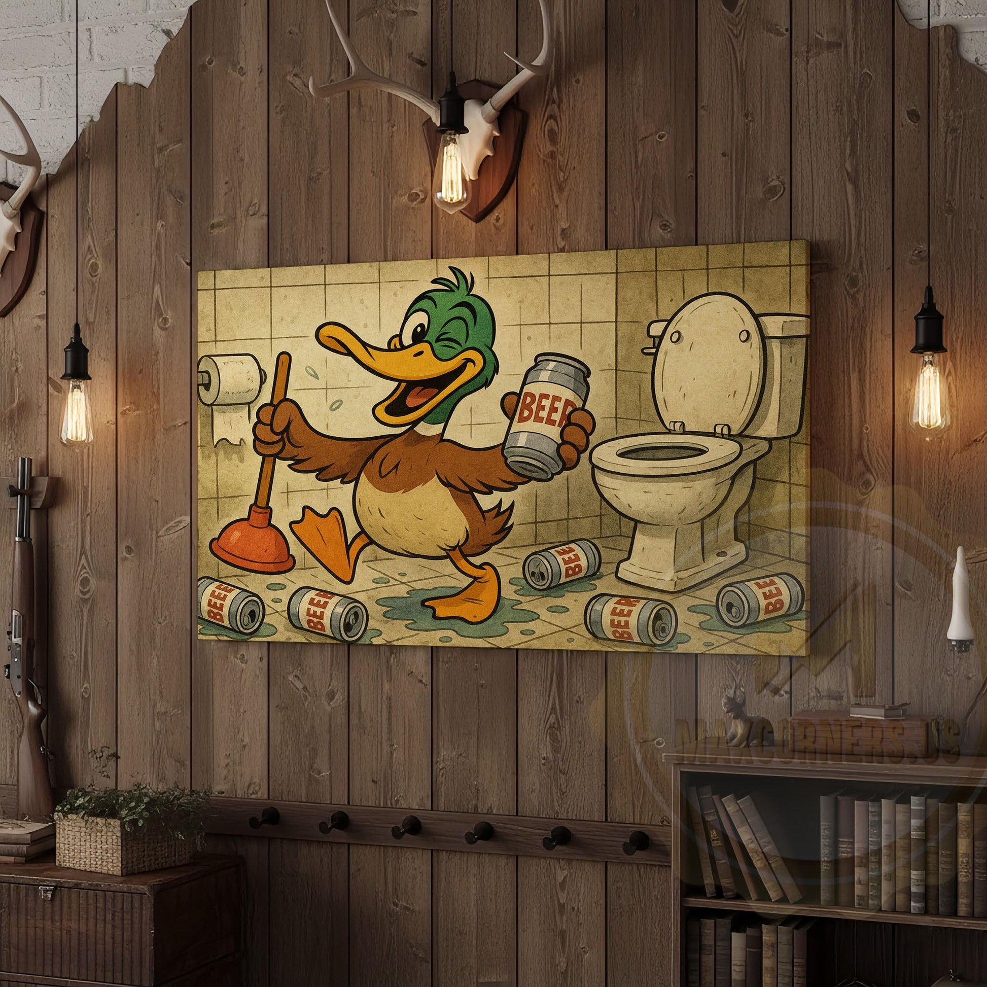 Duck Cartoon with Beer Cans in Bathroom Wrapped Canvas