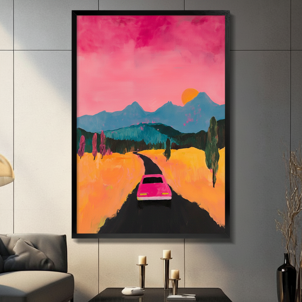 Neon Sunset Road Trip Framed Canvas Wall Art