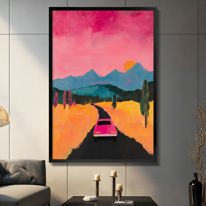 Neon Sunset Road Trip Framed Canvas Wall Art