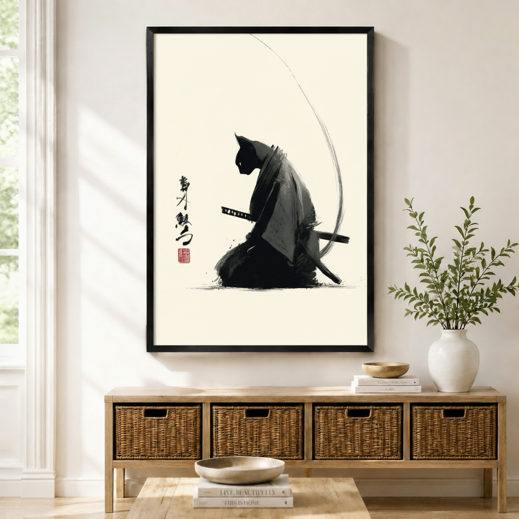 Japanese Ink Samurai Cat Canvas Wall Art