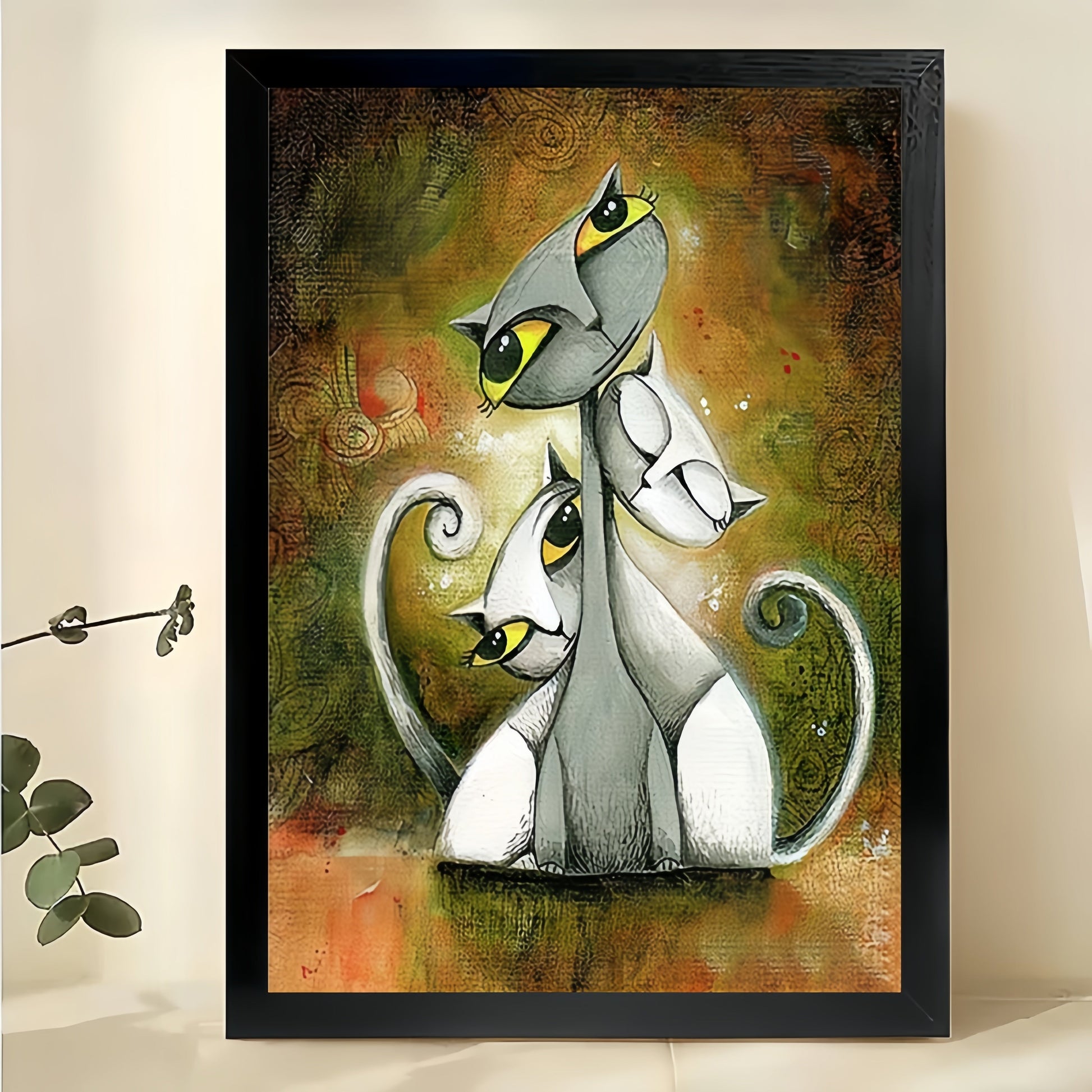 Whimsical Cat Family – Artistic Surreal Cat Portrait Wall Art on Natural Wood Canvas