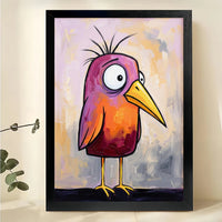 Whimsical Pink-Orange Bird Wall Art – Quirky Abstract Bird Canvas Print on Natural Wood Frame
