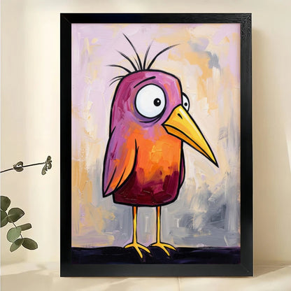 Whimsical Pink-Orange Bird Wall Art – Quirky Abstract Bird Canvas Print on Natural Wood Frame