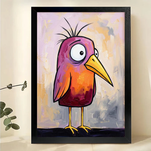 Whimsical Pink-Orange Bird Wall Art – Quirky Abstract Bird Canvas Print on Natural Wood Frame