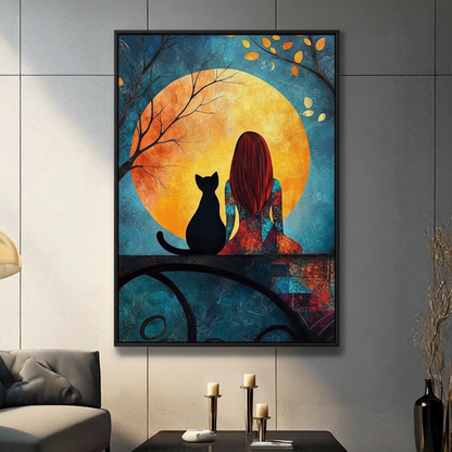 Girl Black Cat Moon Night Romantic Canvas Print