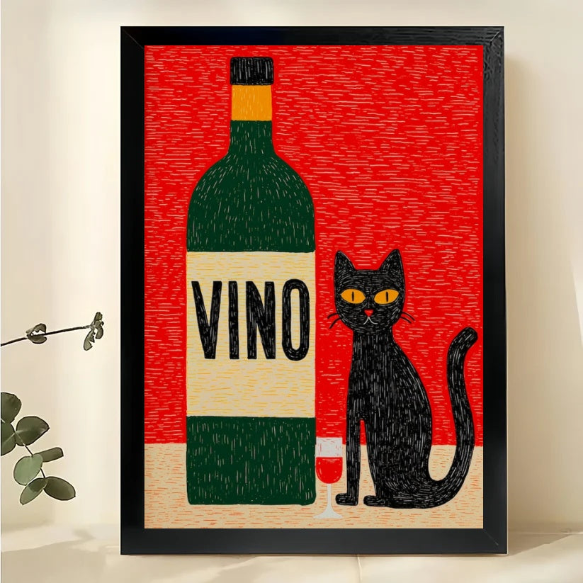 VINO Black Cat Wine – Retro Cat & Wine Bar Wall Art on Natural Wood Canvas