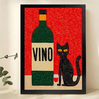 VINO Black Cat Wine – Retro Cat & Wine Bar Wall Art on Natural Wood Canvas