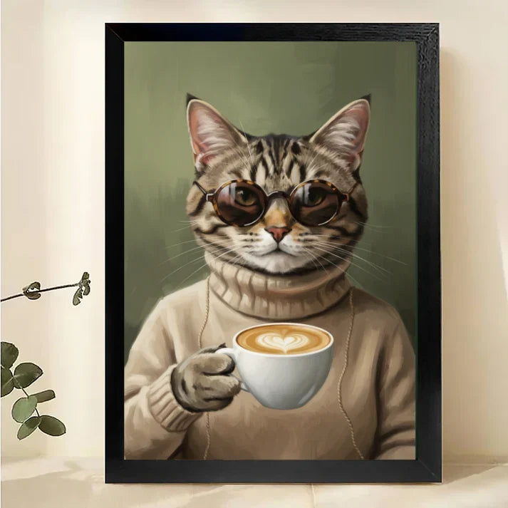 Cool Cat Coffee Canvas Wall Art – Tabby Cat with Sunglasses Print