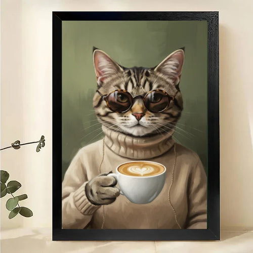 Cool Cat Coffee Canvas Wall Art – Tabby Cat with Sunglasses Print
