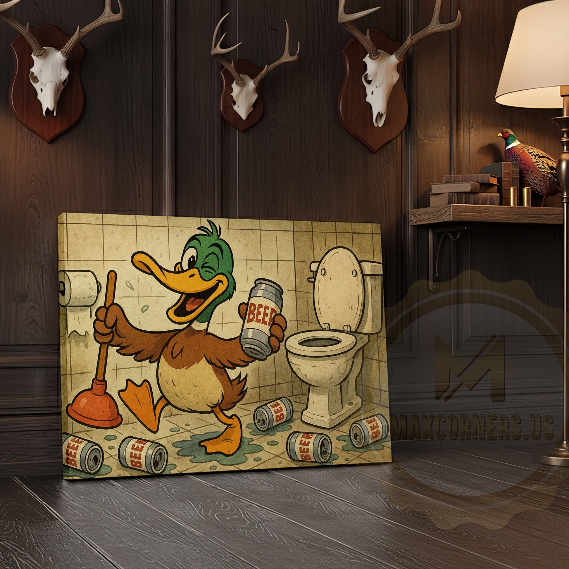 Duck Cartoon with Beer Cans in Bathroom Wrapped Canvas