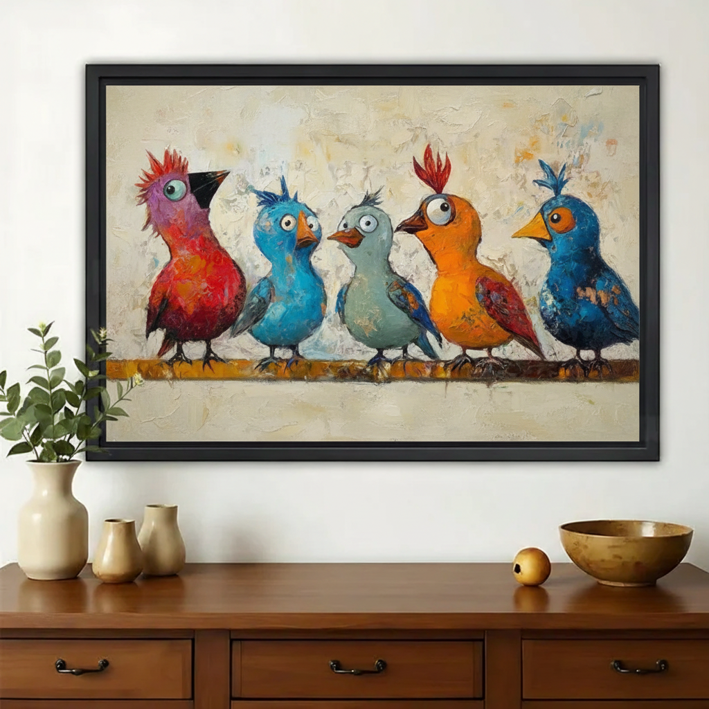 Colorful Birds Parade Wall Art – Whimsical Rainbow Birds Canvas Print on Natural Wood Frame