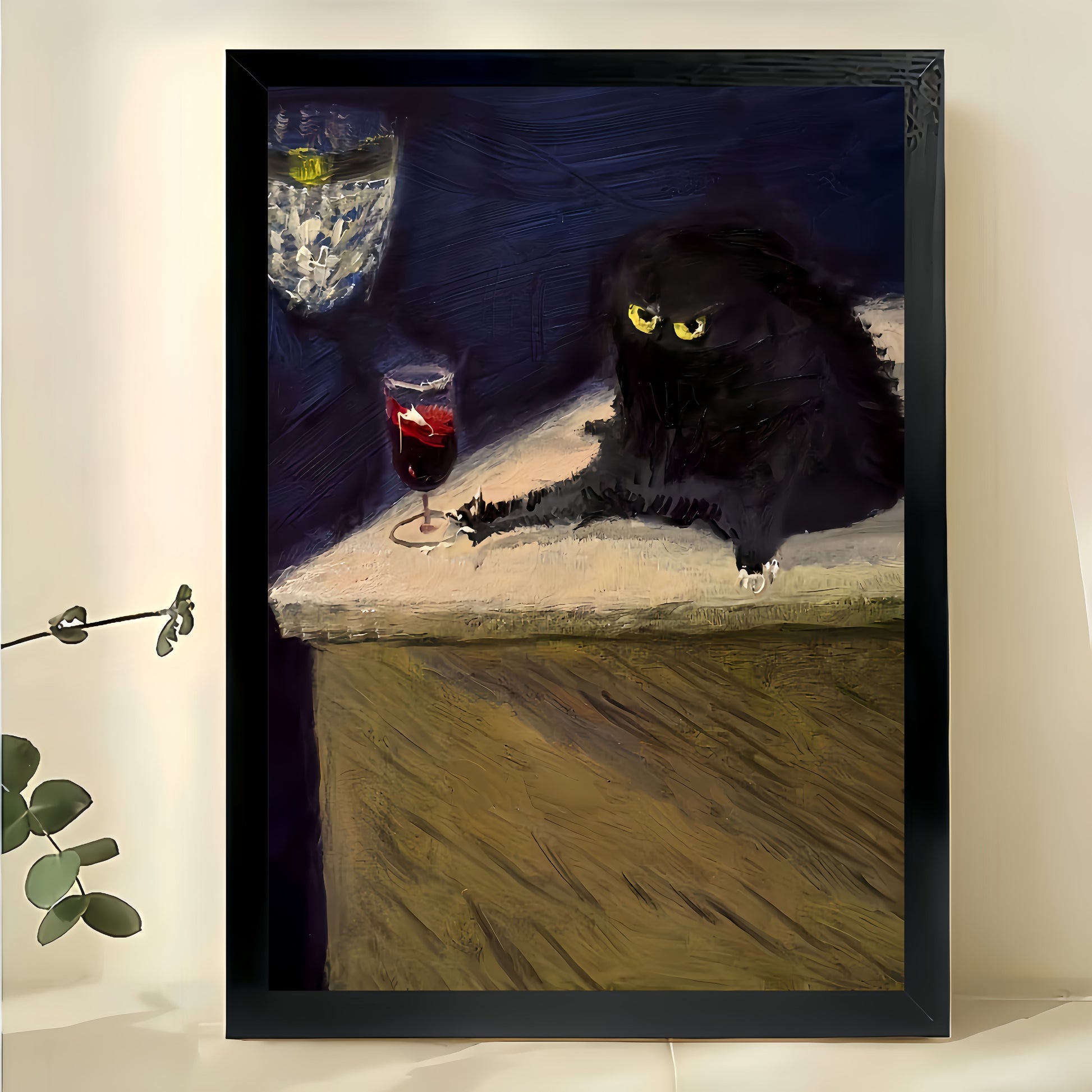 Black Cat with Red Wine Glass – Classic Art Parody Wall Art on Natural Wood Canvas