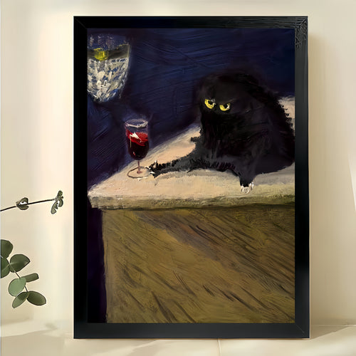 Black Cat with Red Wine Glass – Classic Art Parody Wall Art on Natural Wood Canvas