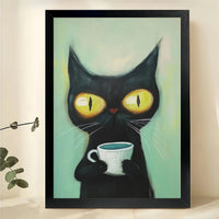 Black Cat Coffee Morning – Retro Cat Coffee Wall Art on Natural Wood Canvas