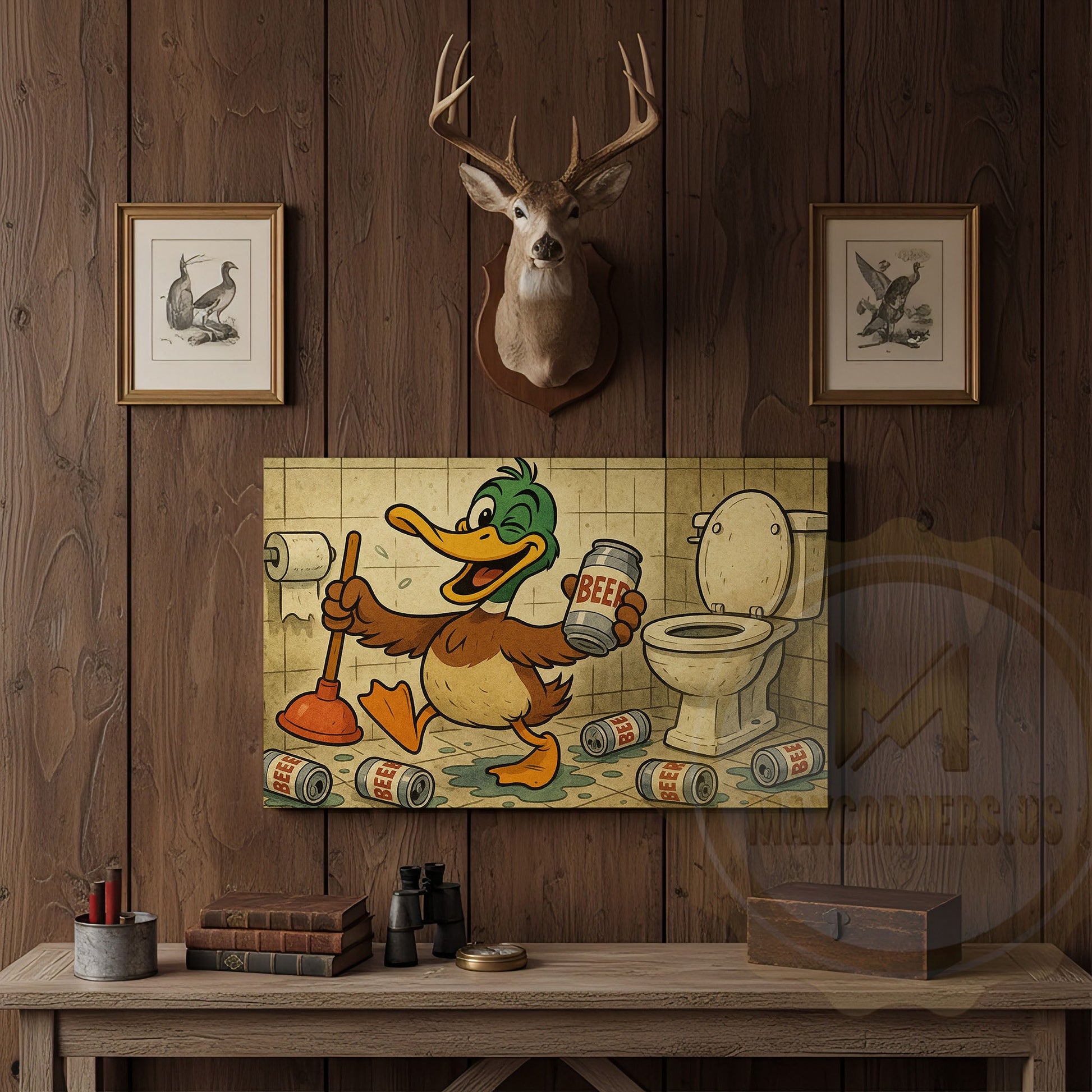 Duck Cartoon with Beer Cans in Bathroom Wrapped Canvas