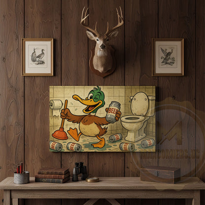 Duck Cartoon with Beer Cans in Bathroom Wrapped Canvas