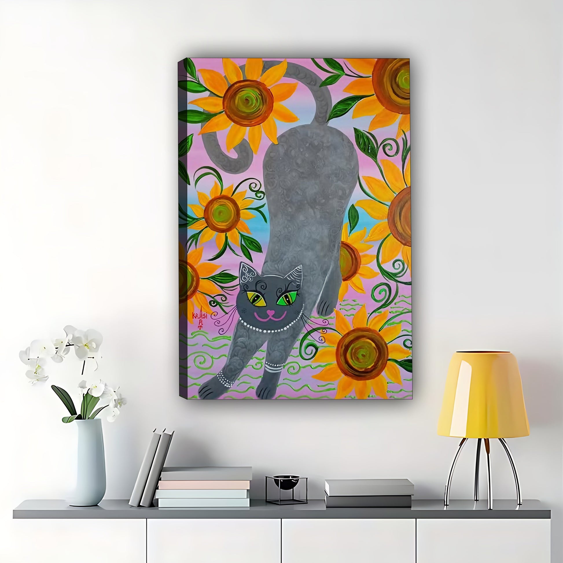 The Sunflower-Backed Black Cat – Cheerful Floral Feline Wall Art on Natural Wood Grain Canvas