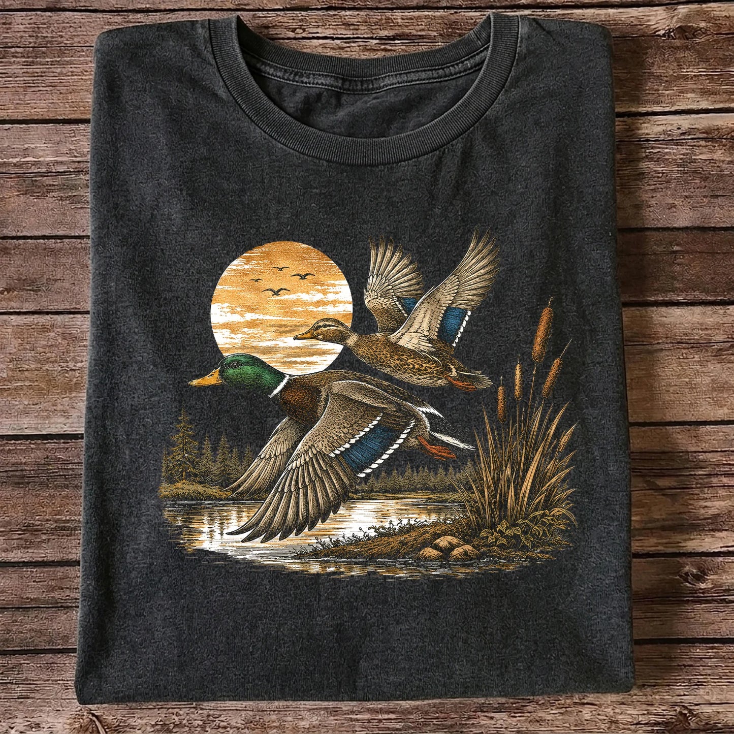 Mallard Ducks Flying at Sunset T-Shirt, Retro Waterfowl Hunting Tee