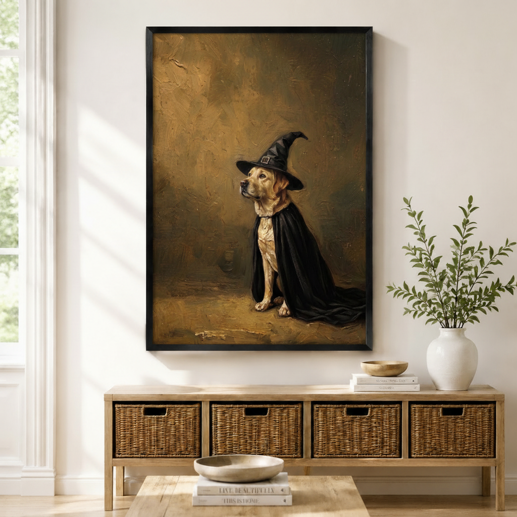 Labrador Witch Hat Black Cape Portrait Canvas Print