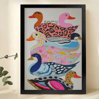 Stacked Pattern Ducks – Whimsical Colorful Wall Art on Natural Wood Canvas
