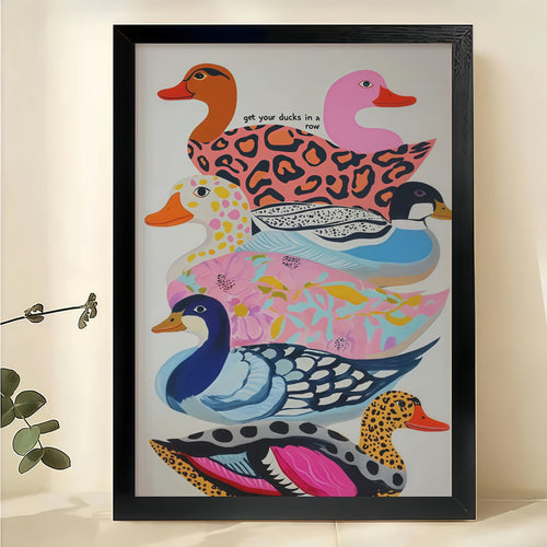 Stacked Pattern Ducks – Whimsical Colorful Wall Art on Natural Wood Canvas