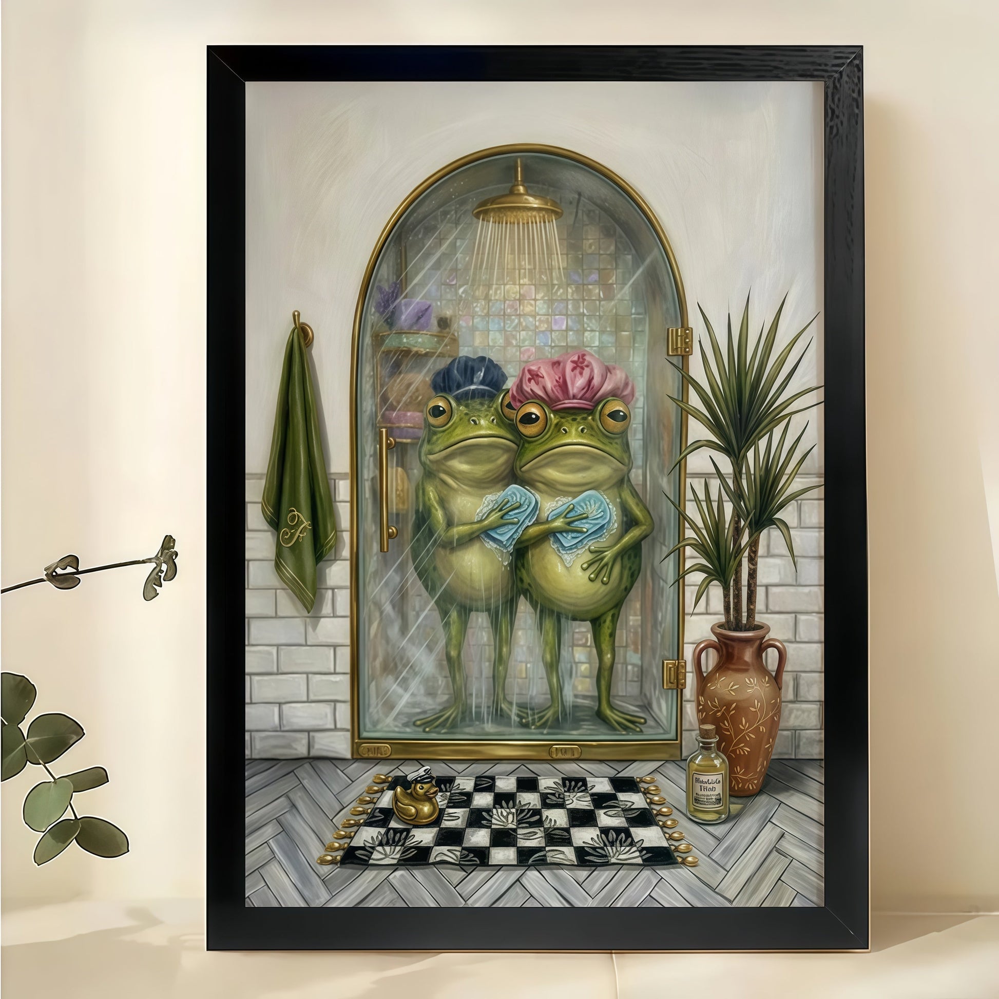 Two Frogs in Shower Caps – Vintage Whimsical Bathroom Wall Art on Natural Wood Canvas