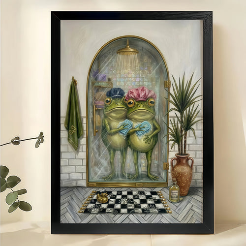 Two Frogs in Shower Caps – Vintage Whimsical Bathroom Wall Art on Natural Wood Canvas