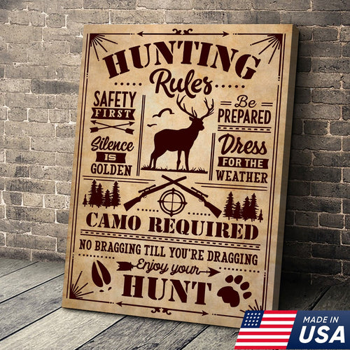 Hunting Rules Wall Art Canvas – Rustic Deer Hunting Lodge Decor – Safety First, Camo Required, Enjoy Your Hunt