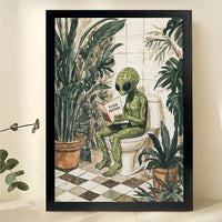 Alien Reading on Toilet – Whimsical Botanical Bathroom Wall Art on Natural Wood Canvas
