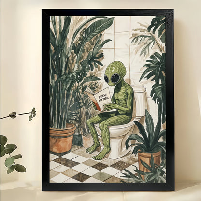 Alien Reading on Toilet – Whimsical Botanical Bathroom Wall Art on Natural Wood Canvas