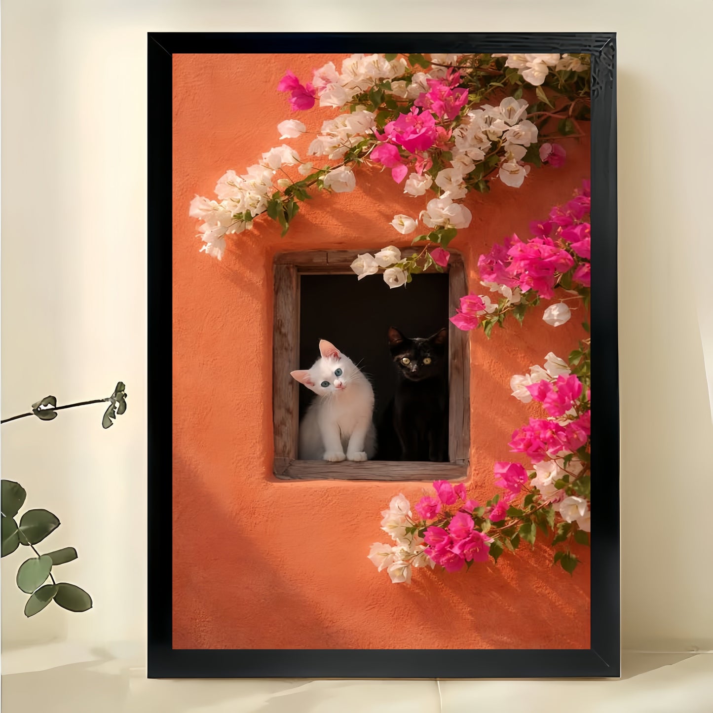 Mediterranean Window Cat Wall Art – Floral Orange Wall Cat Canvas Print Wood Framed