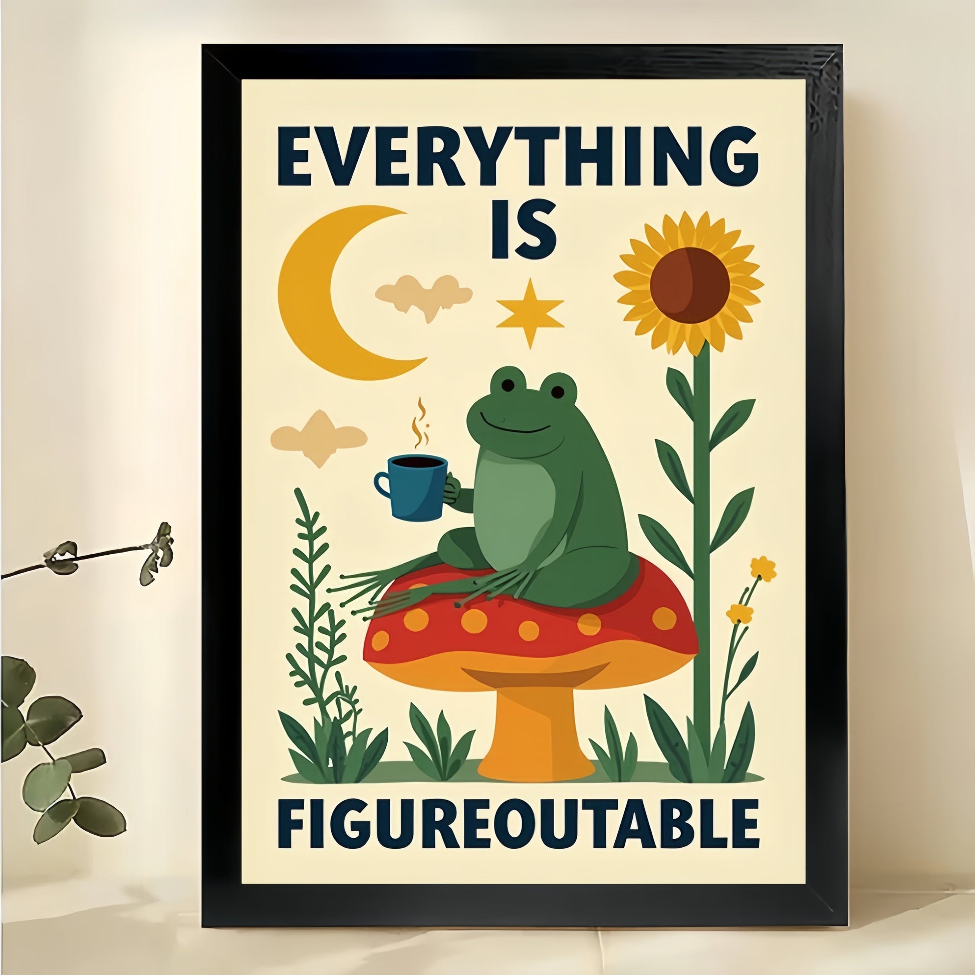 The Frog Sunflower “Everything Is Figureoutable – Whimsical Inspirational Wall Art on Natural Wood Canvas