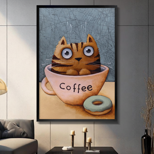 Cute Cat Coffee Cup Whimsical Canvas Wall Art