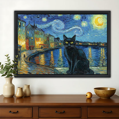 Van Gogh Starry Night Black Cat – Artistic Whimsical Wall Art on Natural Wood Canvas