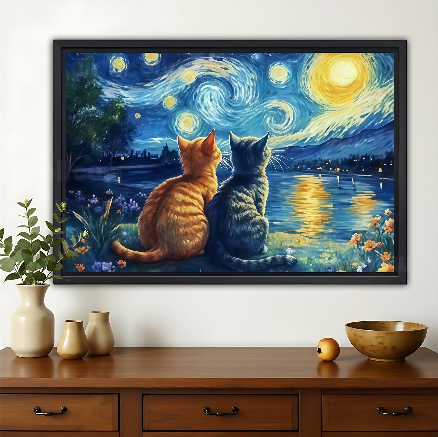 The Starry Night Duo Cats – Van Gogh-Inspired Artistic Wall Art on Natural Wood Canvas