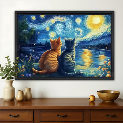 The Starry Night Duo Cats – Van Gogh-Inspired Artistic Wall Art on Natural Wood Canvas