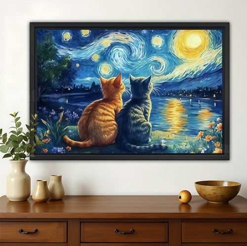The Starry Night Duo Cats – Van Gogh-Inspired Artistic Wall Art on Natural Wood Canvas