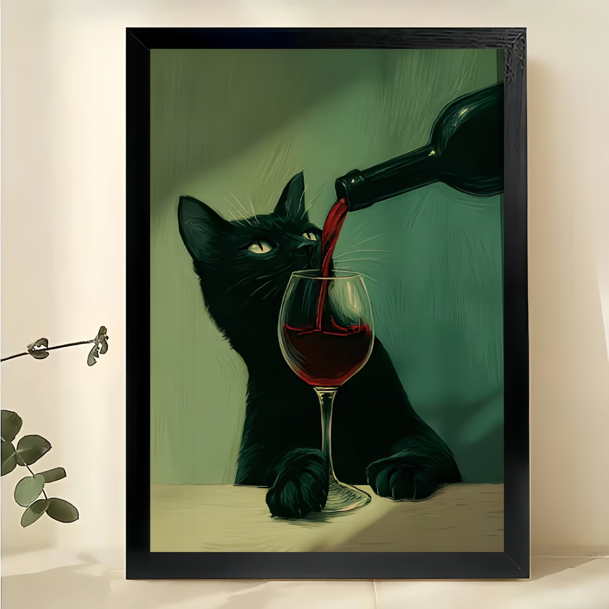 Black Cat Pouring Red Wine – Artistic Moody Wall Art on Natural Wood Canvas