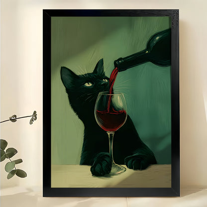 Black Cat Pouring Red Wine – Artistic Moody Wall Art on Natural Wood Canvas