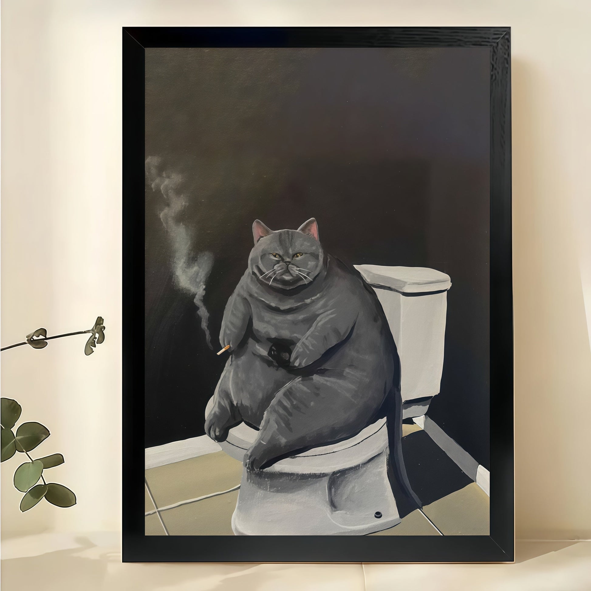 Chonky Cat on Toilet Smoking – Humorous Classic Art Parody Wall Art on Natural Wood Canvas