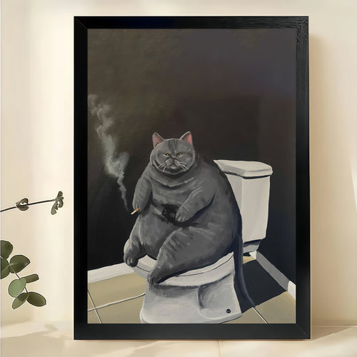 Chonky Cat on Toilet Smoking – Humorous Classic Art Parody Wall Art on Natural Wood Canvas