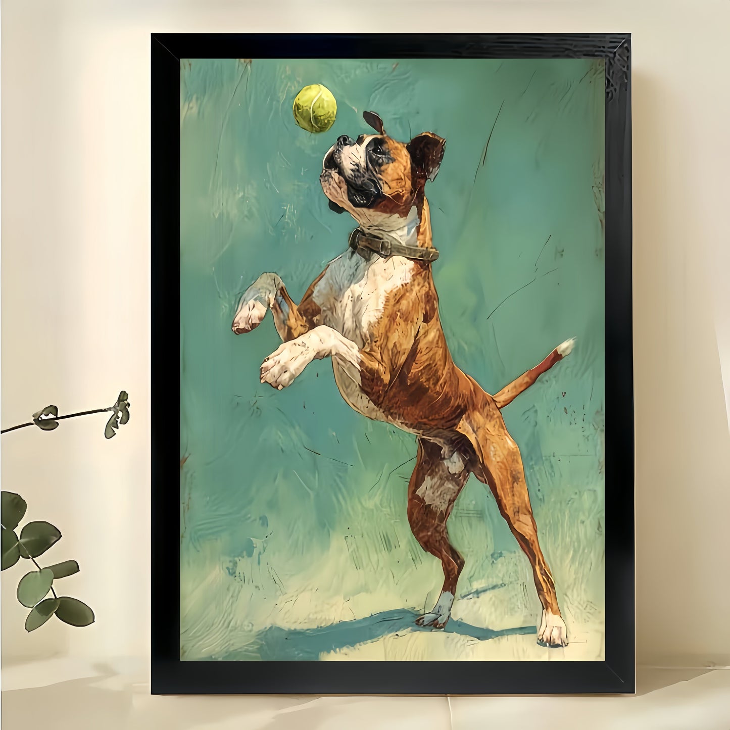 Vintage Oil Painting Style Boxer Dog Catching Ball – Dynamic Pet Wall Art on Natural Wood Canvas