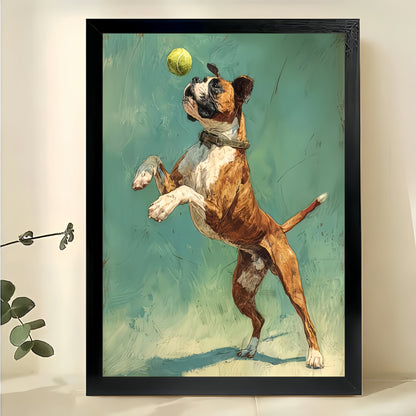 Vintage Oil Painting Style Boxer Dog Catching Ball – Dynamic Pet Wall Art on Natural Wood Canvas